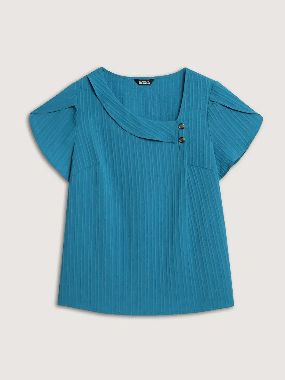 Textured Petal Sleeve Asymmetrical Neck Blouse