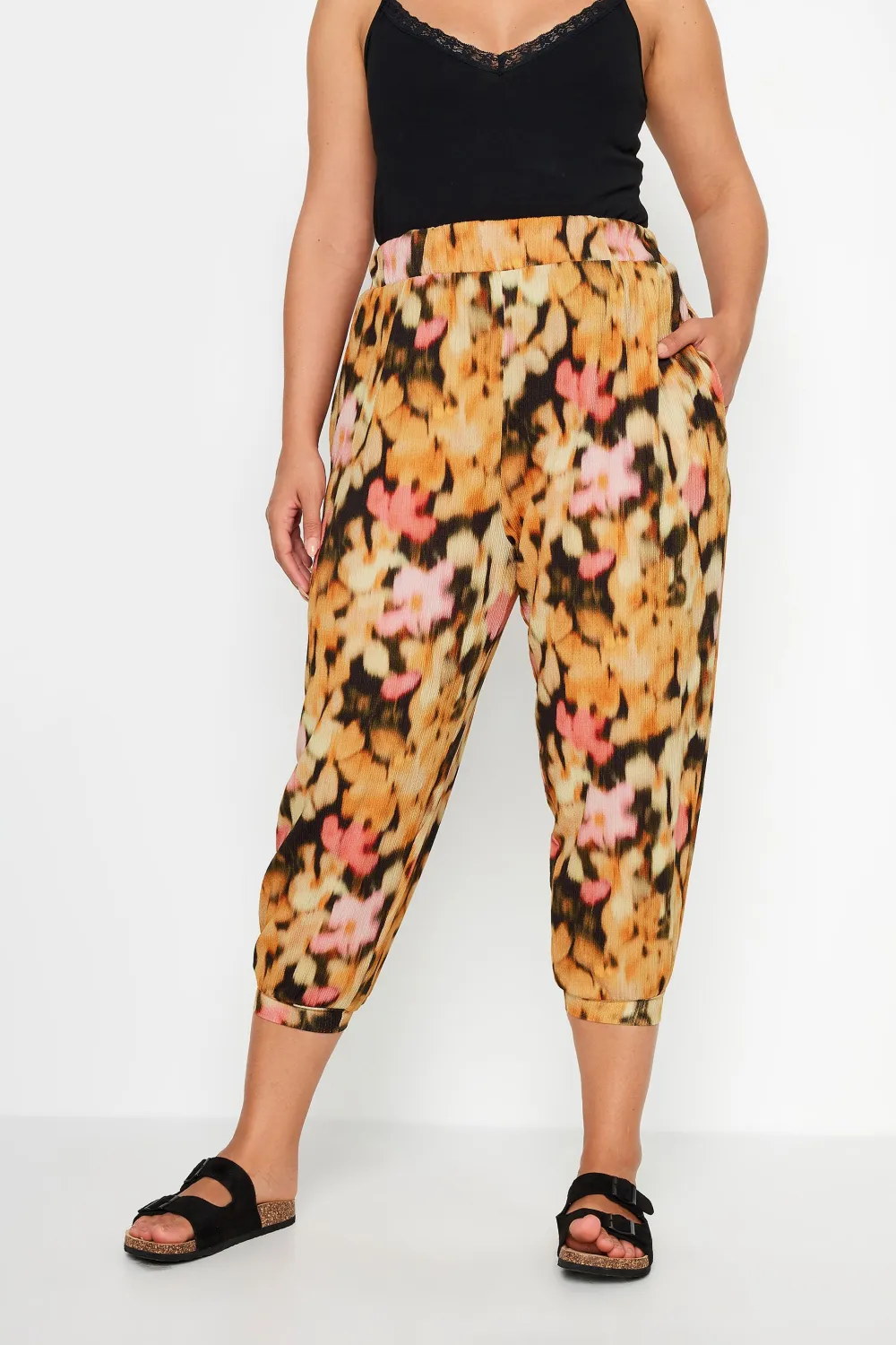YOURS Curve Black Geometric Print Textured Cropped Harem Trousers