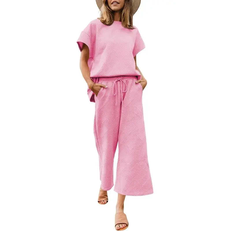 Women's 2-Piece Knit Loungewear Set – Short Sleeve Top & Cropped Wide Leg Pants