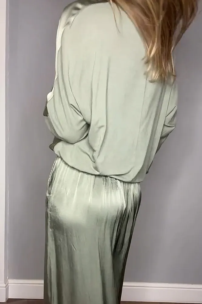 Women's Solid Color satin loose long sleeved top&Pants Two Piece Set