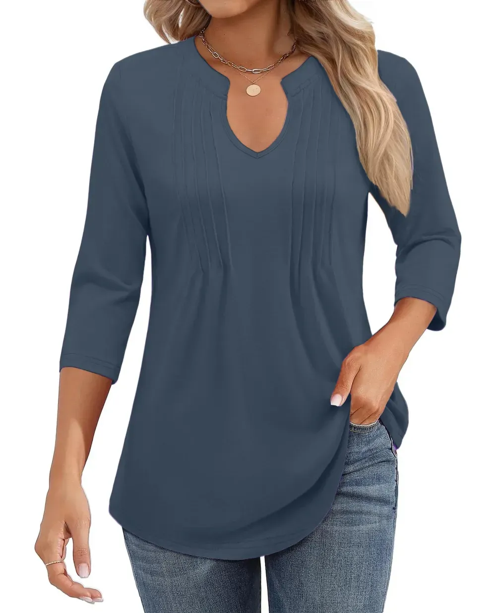 ✨Womens Casual 3/4 Sleeve Pleated Tunic Blouse