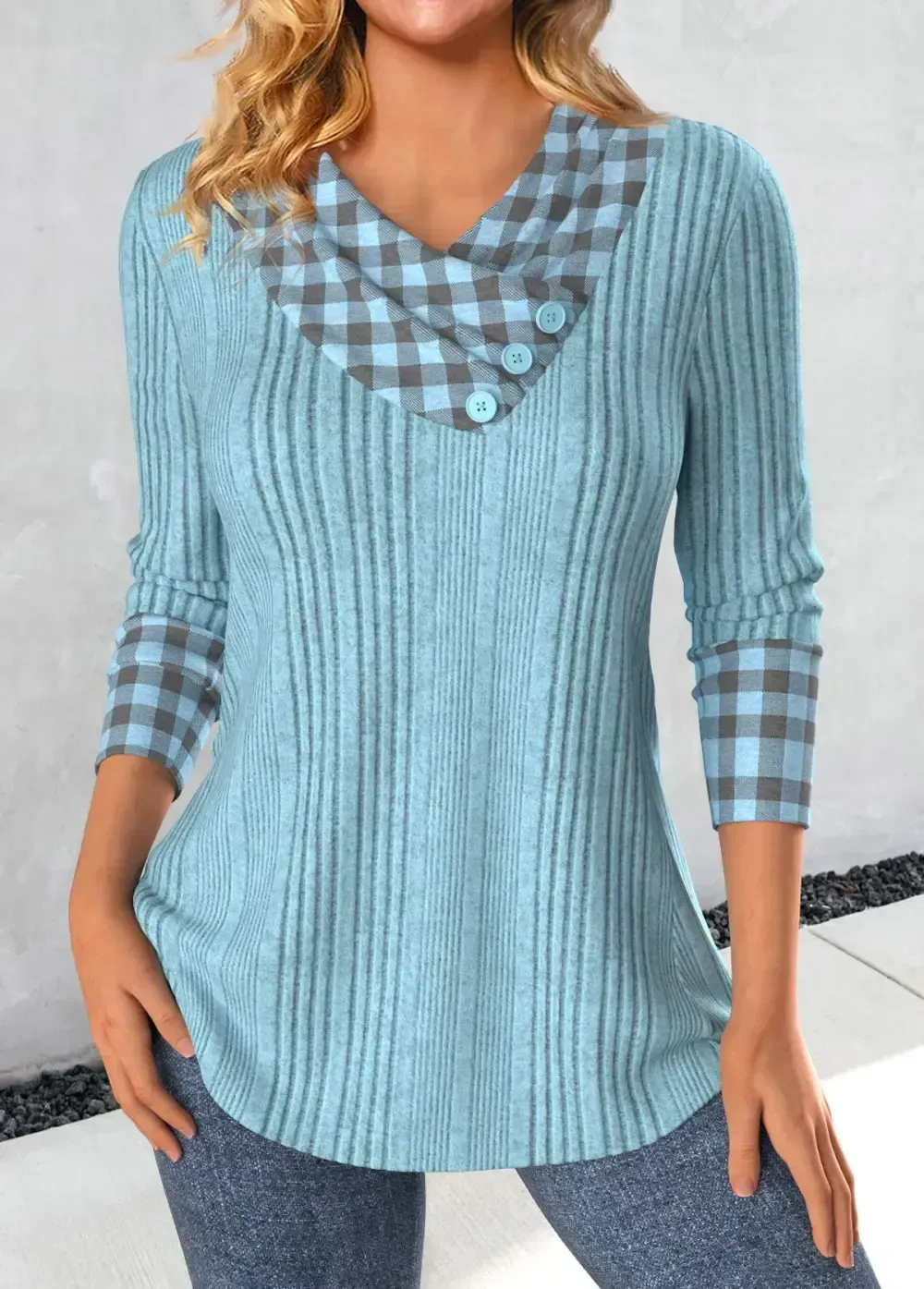 Dusty Blue Patchwork Plaid Long Sleeve Sweatshirt