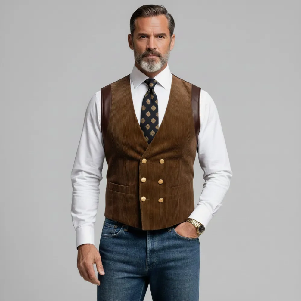 Men's Brown Corduroy Patchwork PU Leather Double Breasted V Neck Vest