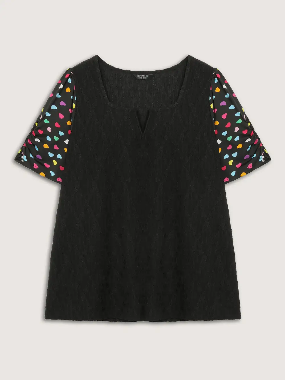 Colorful Hearts Textured Split Neck Knit Top