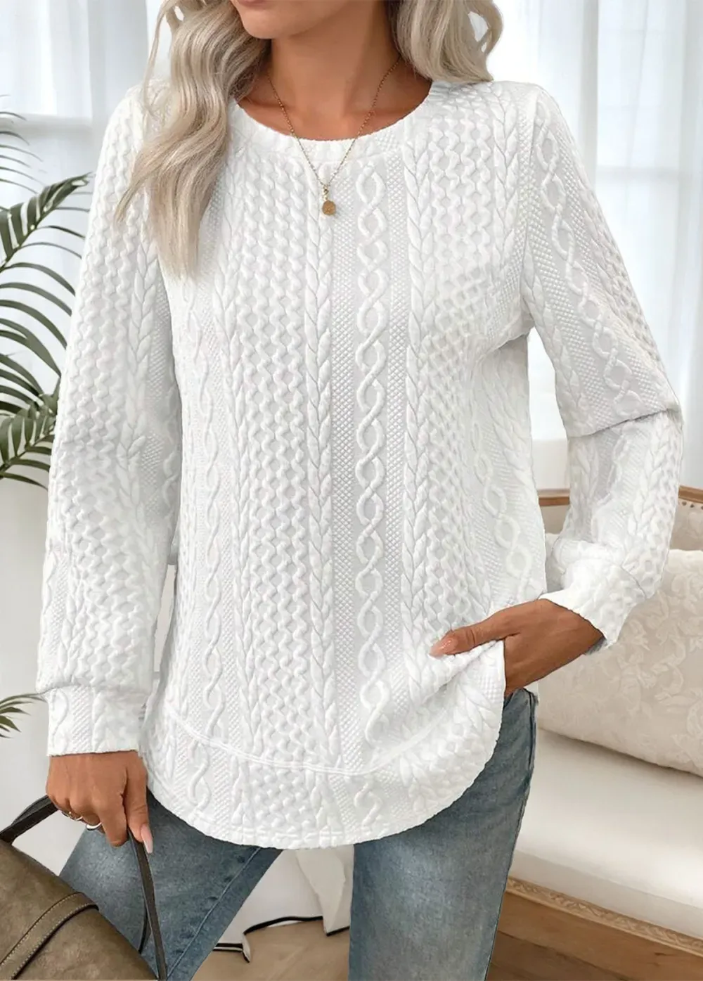 White Tummy Coverage Long Sleeve Round Neck Sweatshirt