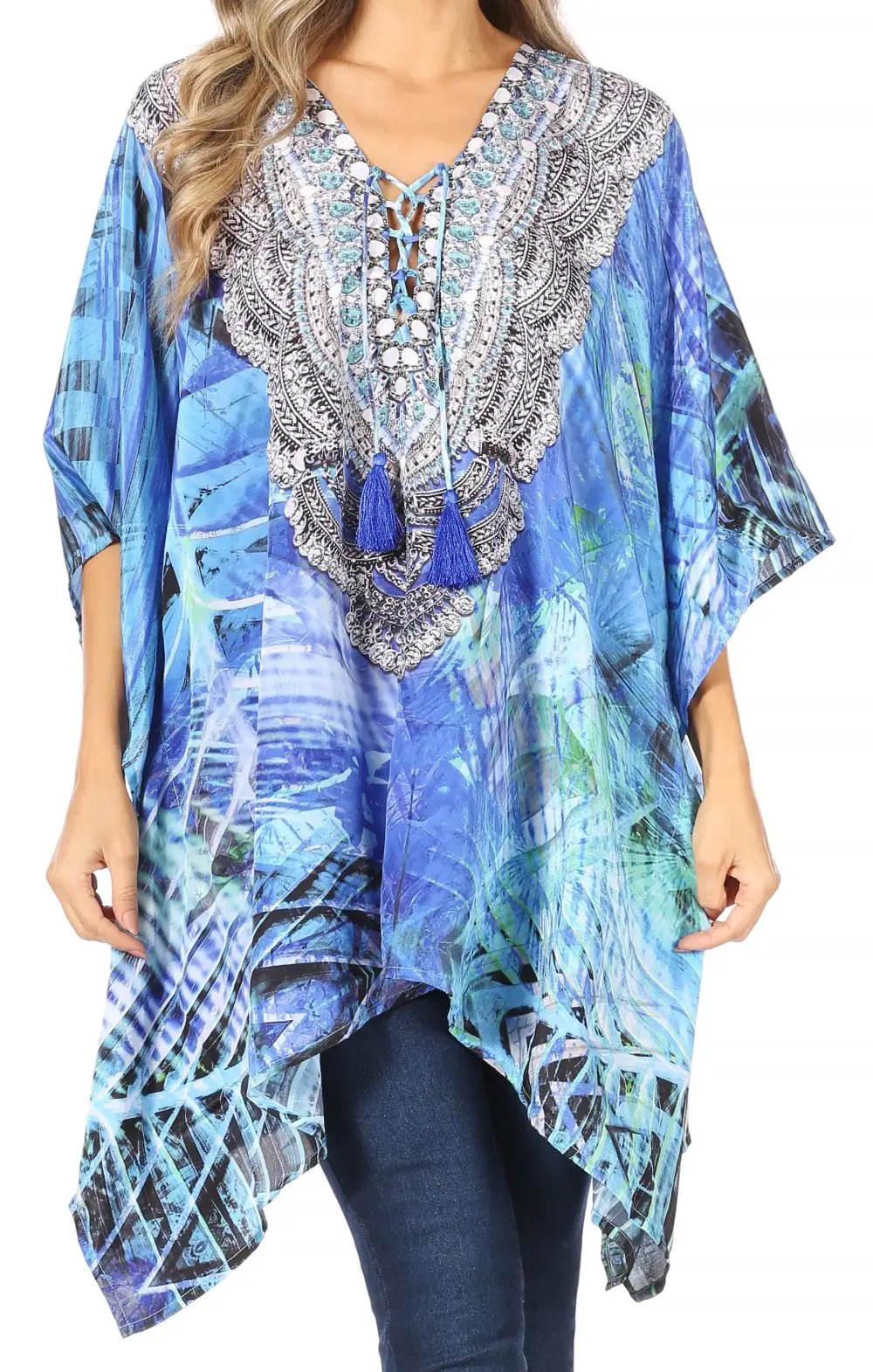 Women's Caftan Poncho Cover up V neck Top Lace up With Rhinestone