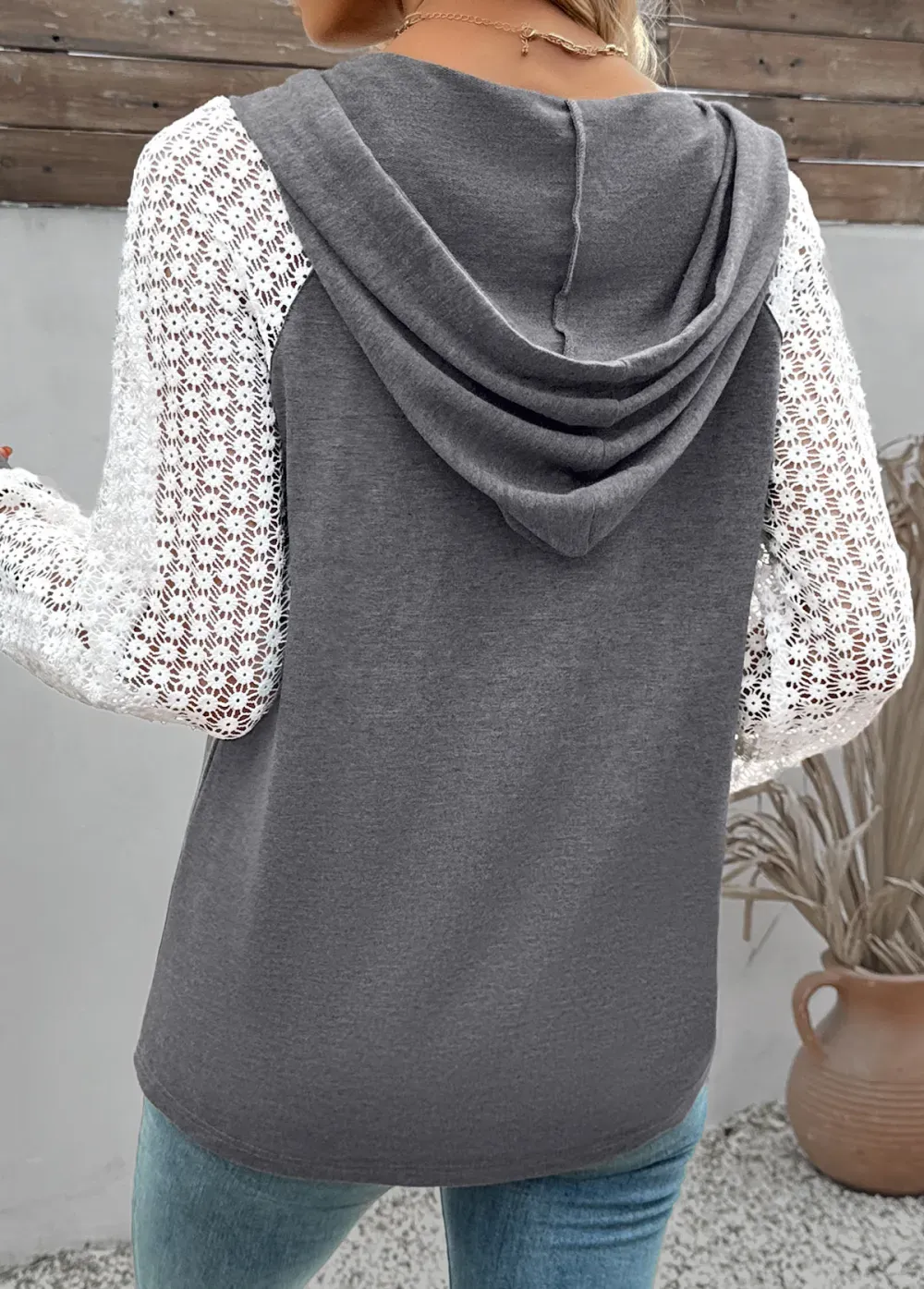 Grey Button Short Sleeve Hooded T Shirt