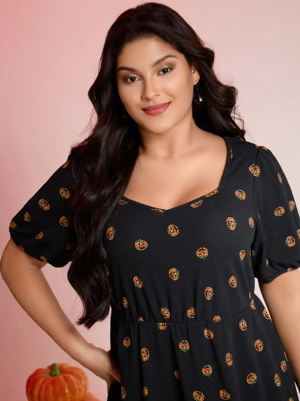 Micro Pumpkin Print Stretchy Midi Dress