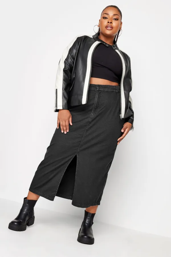 YOURS Curve Black Faux Leather Contrast Stripe Biker Jacket