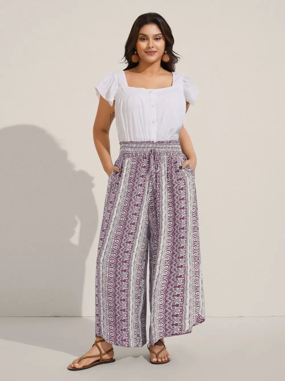 Boho Print Shirred Waist Wide-Leg Pants