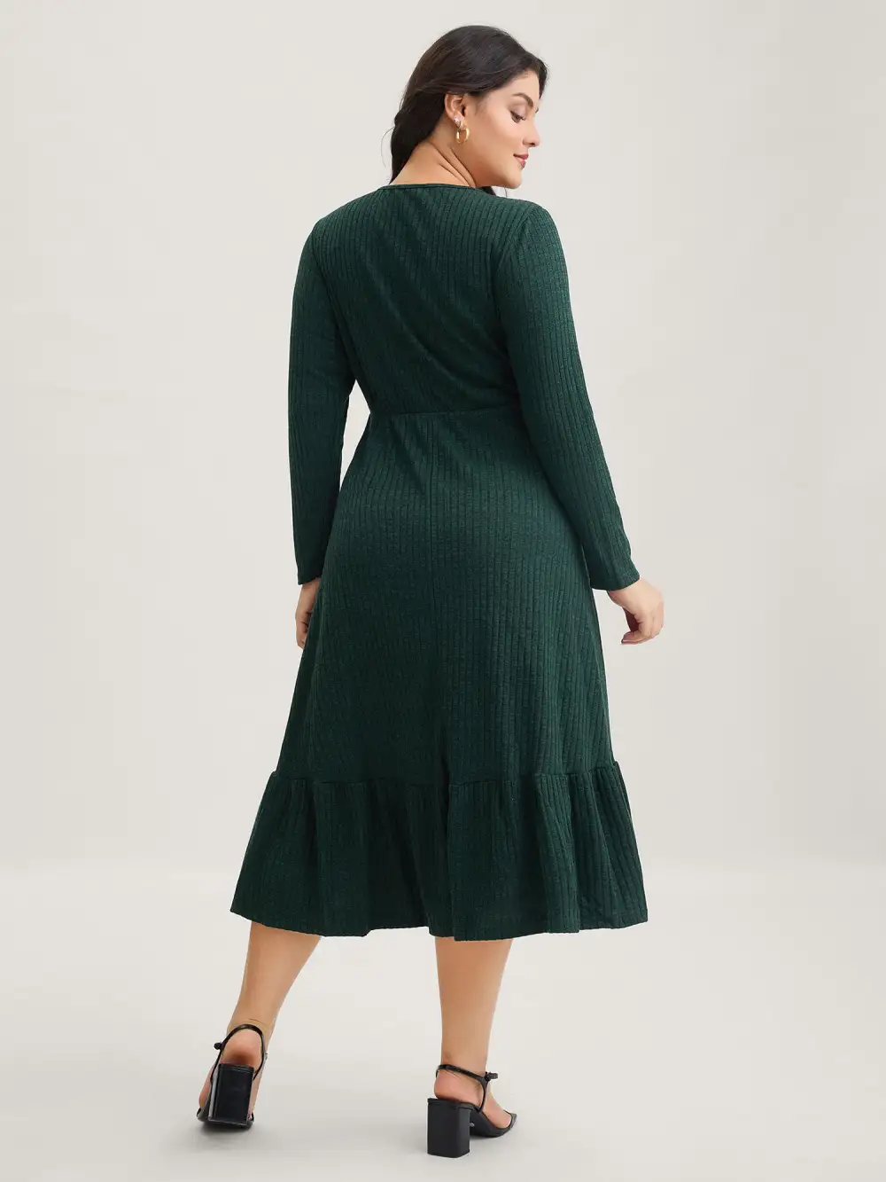 Solid Pocket Rib Knit Ruffle Hem Dress Without Belt