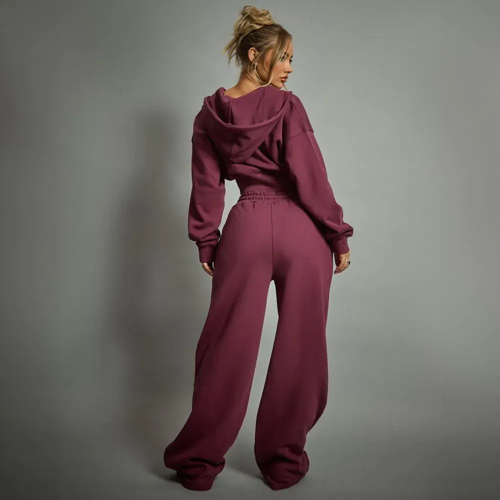 Tie Waist Wide Leg Joggers In Plum