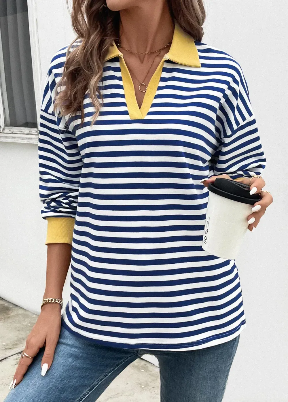 Navy Patchwork Striped Long Sleeve T Shirt
