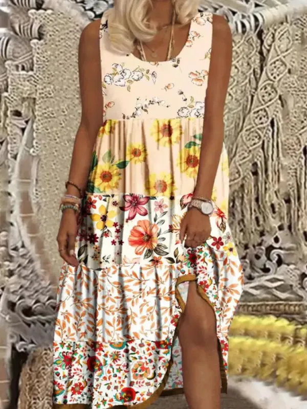 Casual Print Panel Sleeveless Crew Neck Midi Dress