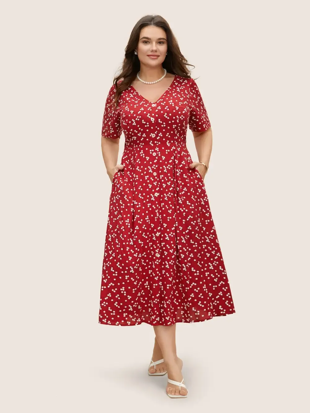 Ditsy Floral Button Detail Elastic Waist Midi Dress