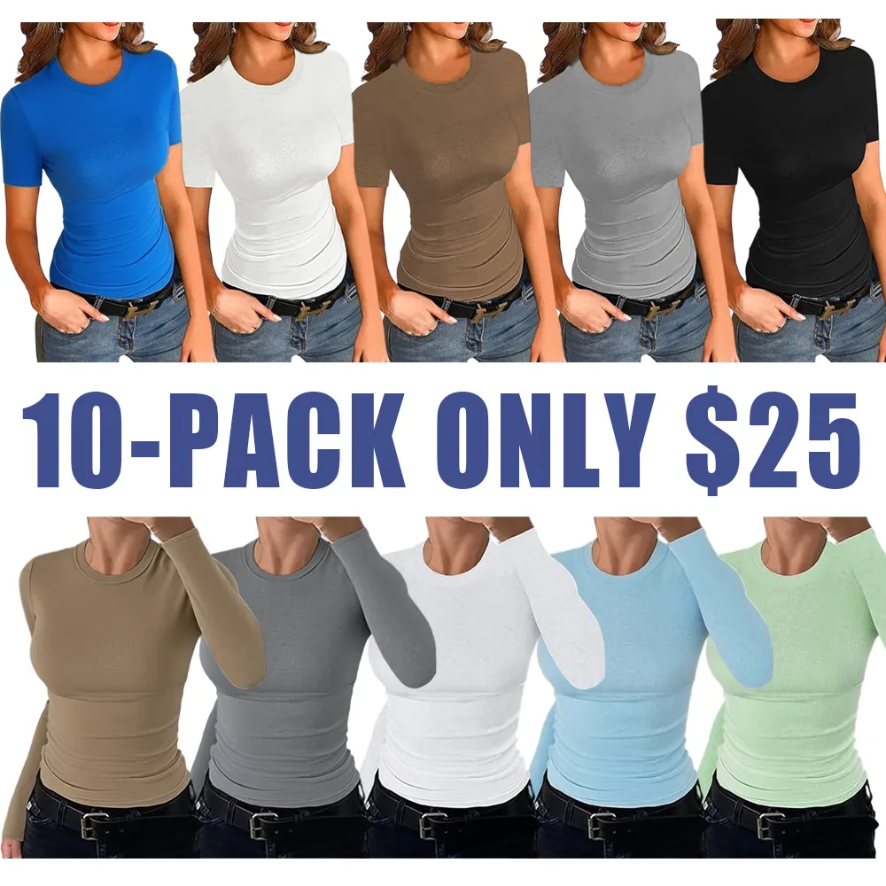 Women's Ribbed Crewneck Tops – Slim Fit Casual Sweaters, Short/Long Sleeve.