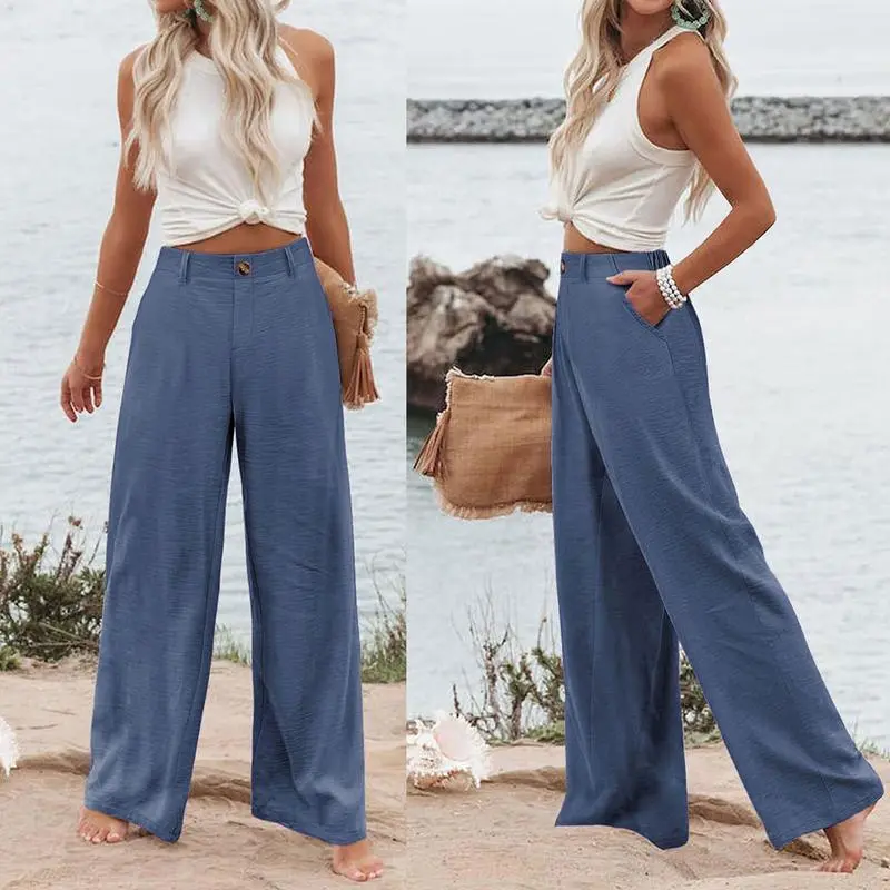 Womens Cotton Linen Pants Casual Button Up High Waisted Wide Leg Trousers Wideleg Loose