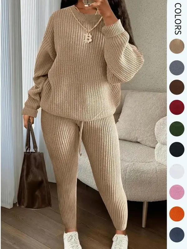 Women's Solid Drop Shoulder Long Sleeve Sweater & Drawstring Waist Pants Set
