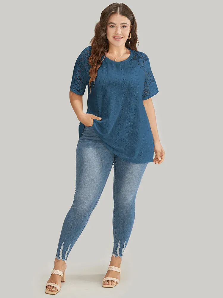 Solid Broderie Anglaise Lace Raglan Sleeve T-shirt