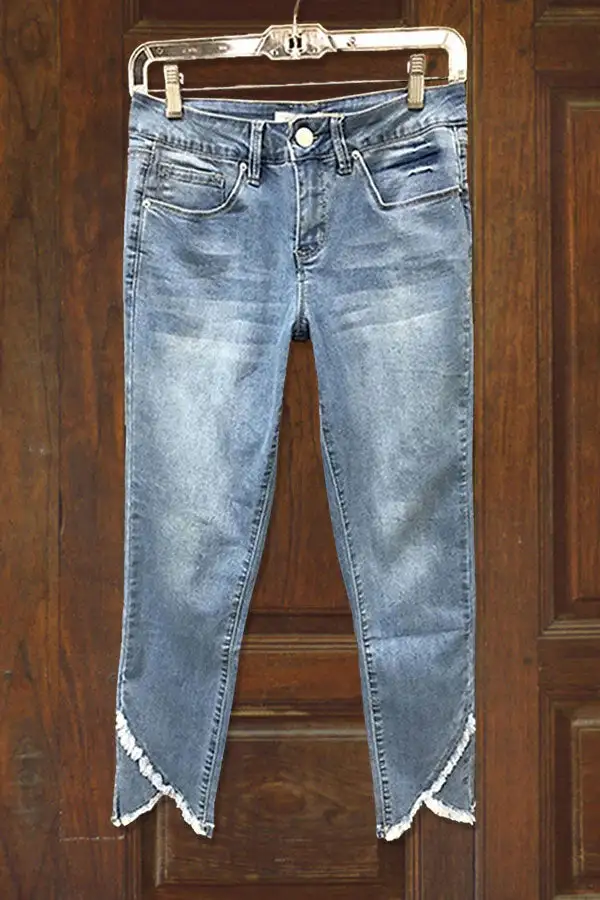 Solid Irregular Frayed Jeans