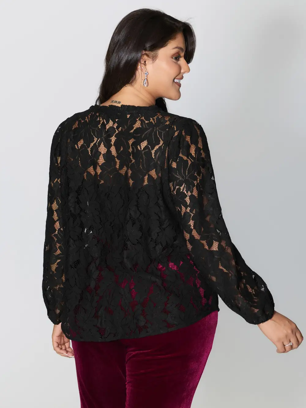 Lace Trim Sheer Ruffled Collar Button Shirt