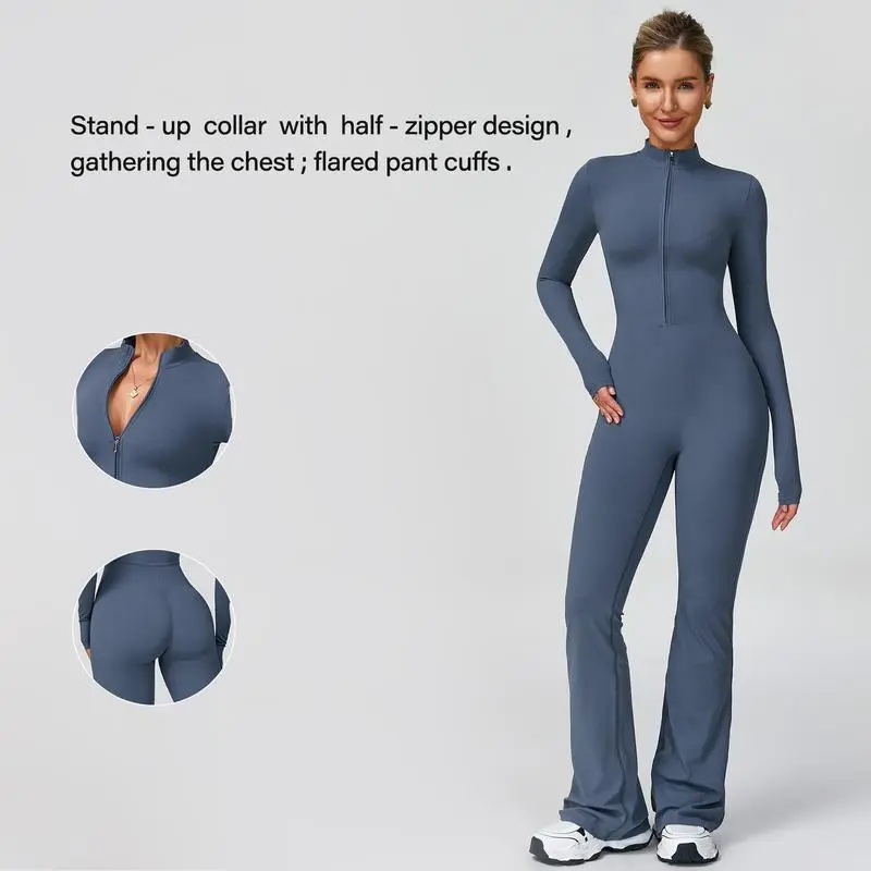 Women's Long Sleeve Flared Jumpsuit – Zipper Wide Leg Activewear for Gym & Casual Wear
