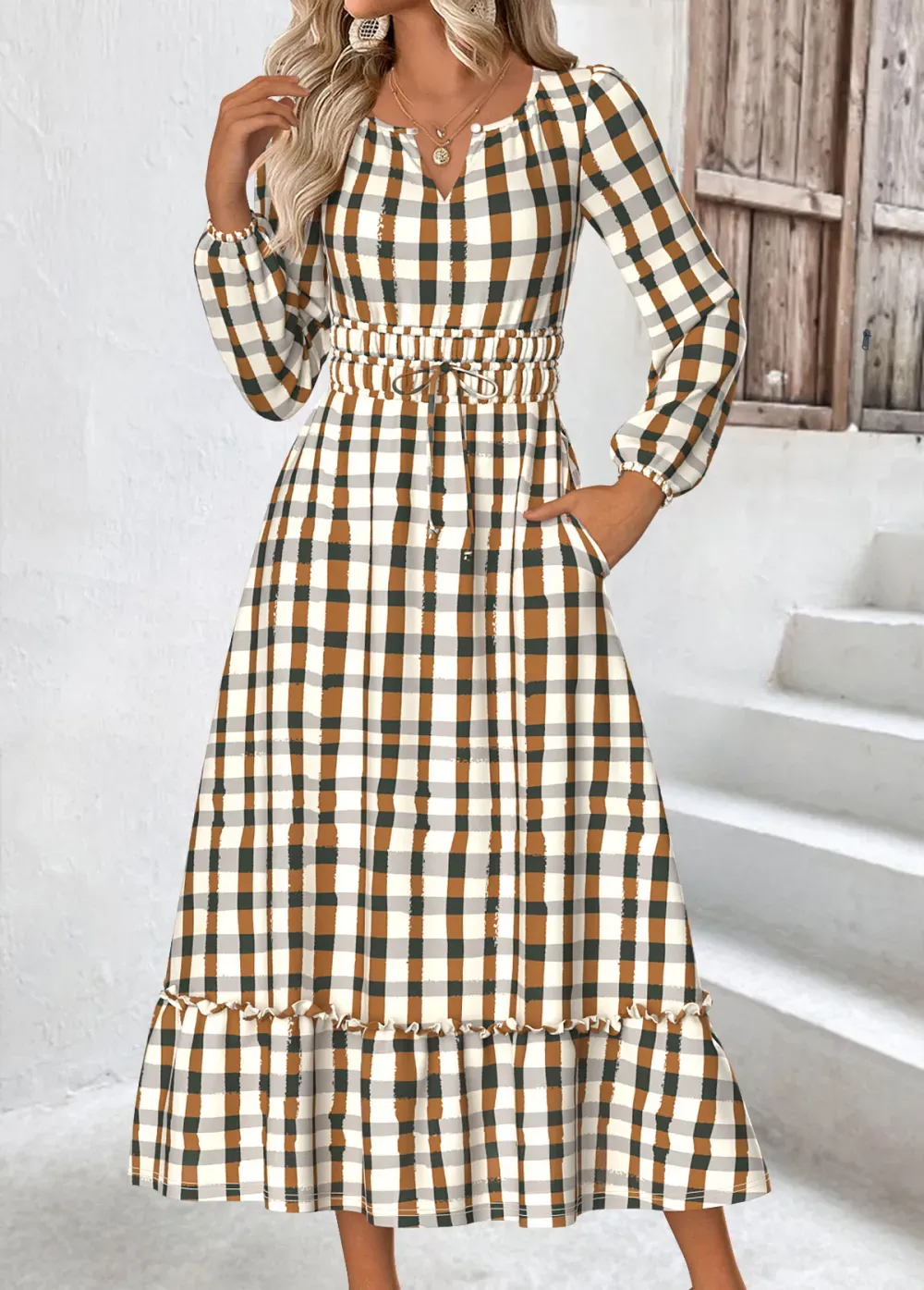 Beige Plaid Long Sleeve Split Neck Dress