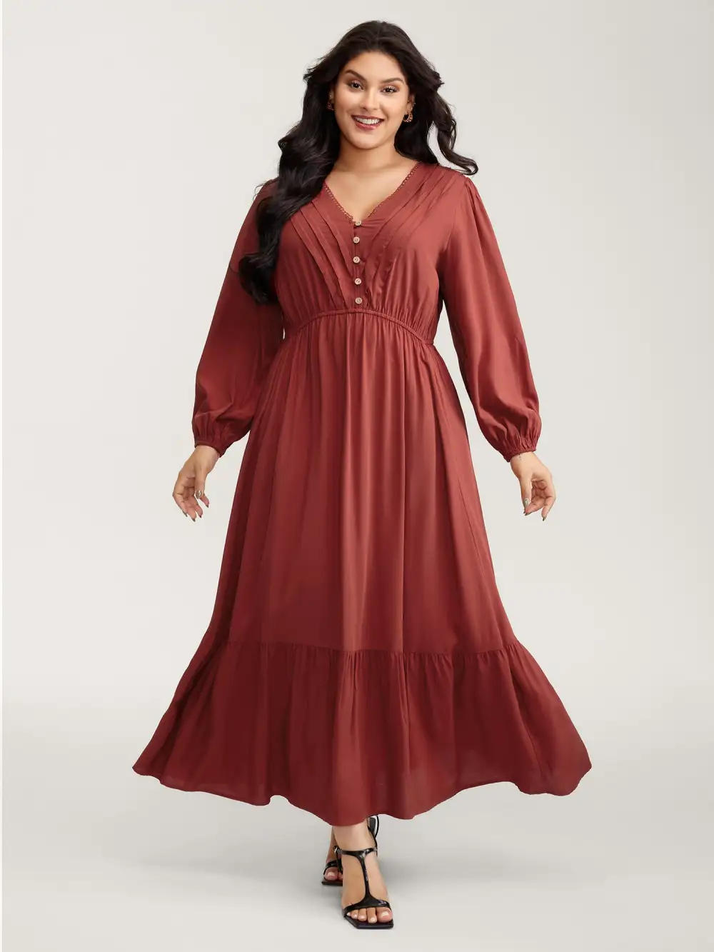 Pleated V-Neckline Tiered Maxi Dress