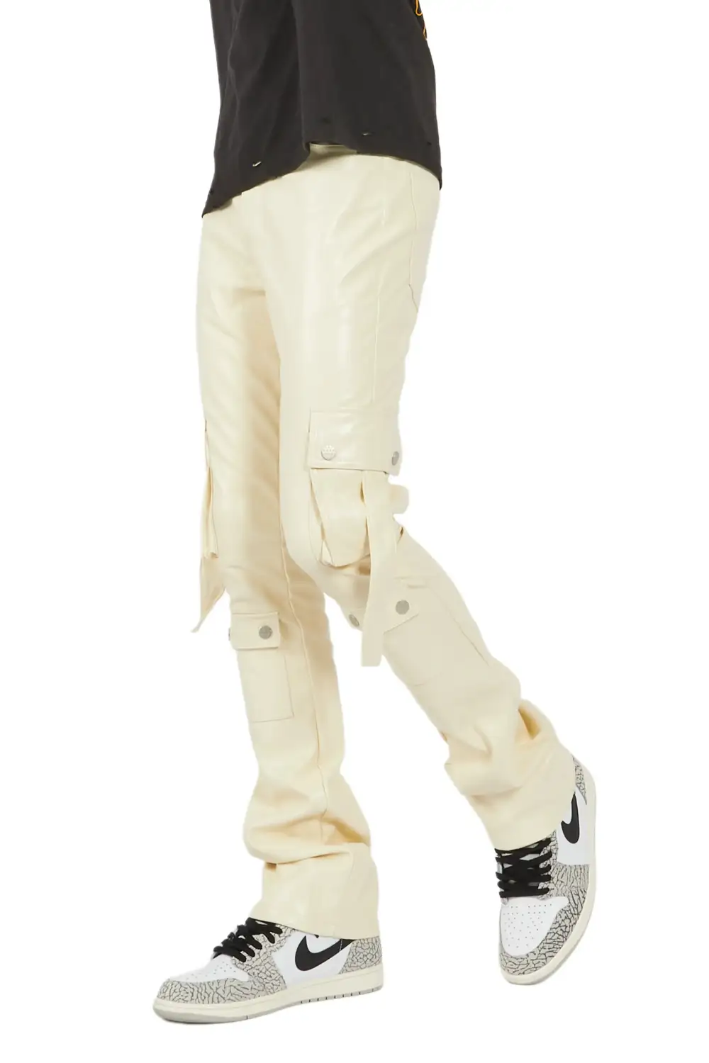 Errol Cream Faux Leather Stacked Cargo Jean