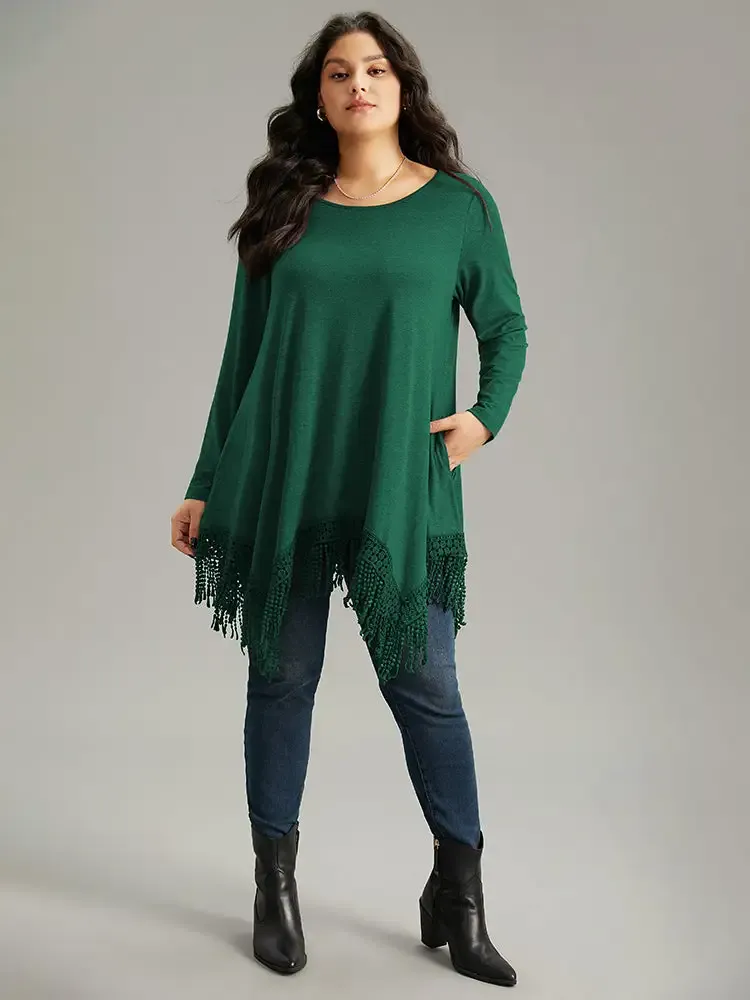 Solid Tassels Trim Pocket Asymmetrical Hem T-Shirt