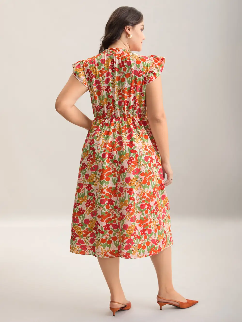 Floral Print Shirred Pockets Midi Dress