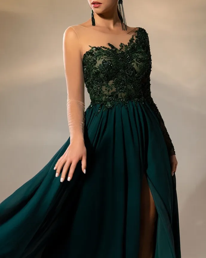 rhinestone one-shoulder chiffon dress