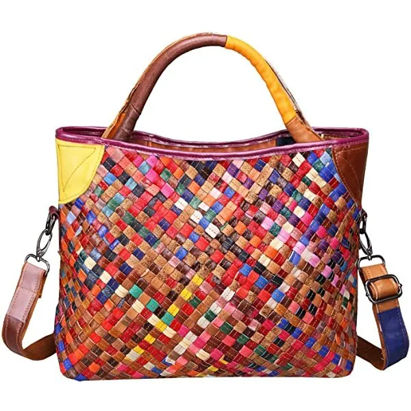 Heshe Womens Multi color Leather Shoulder Bag Hobo Tote Handbag Cross Body Purse Colorful