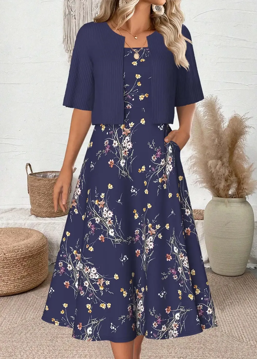 Navy Floral Print Half Sleeve Dress and Cardigan