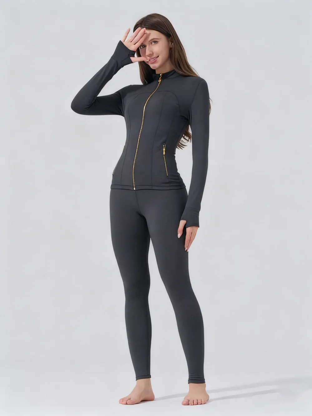 Women's  Sporty Tracksuit: Golden Zipper Pocket Jacket + Yoga Pants