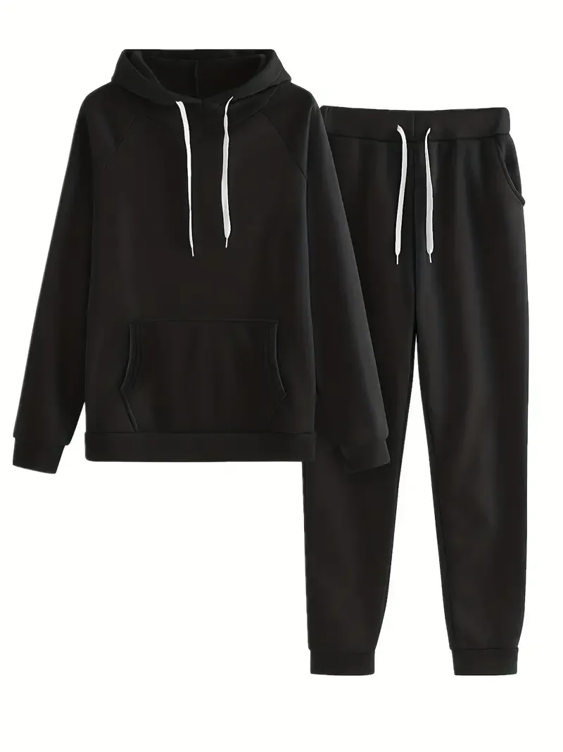 Trendy Solid Womens Two-Piece Set - Comfy Hoodie with Kangaroo Pockets & Drawstring Pants Outfit - Casual, Stylish, Versatile Wardrobe Essential