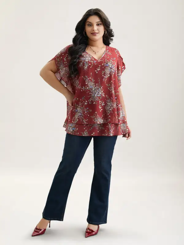 Floral Print Petal Sleeve Layered Blouse