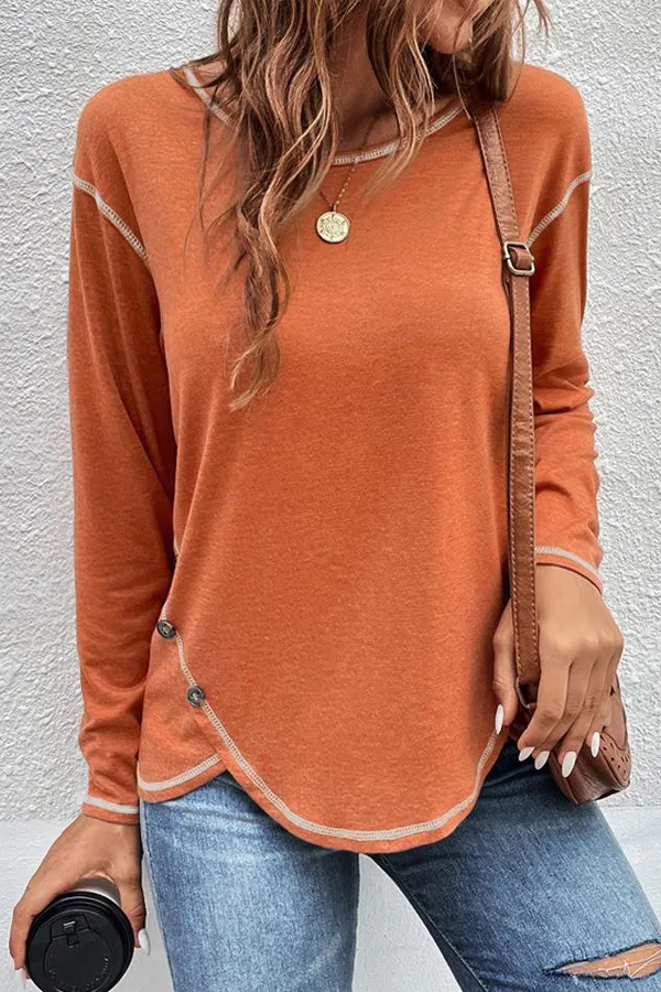 Casual Button Detailed Long Sleeve Irregular Top