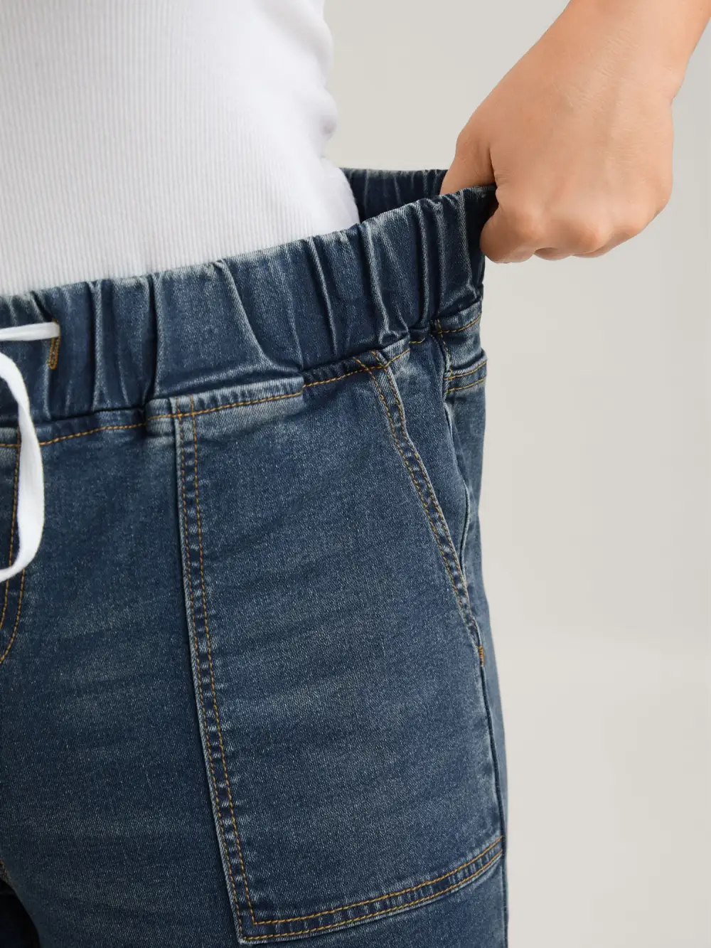 Drawstring Elastic Waist Roll Hem Jeans