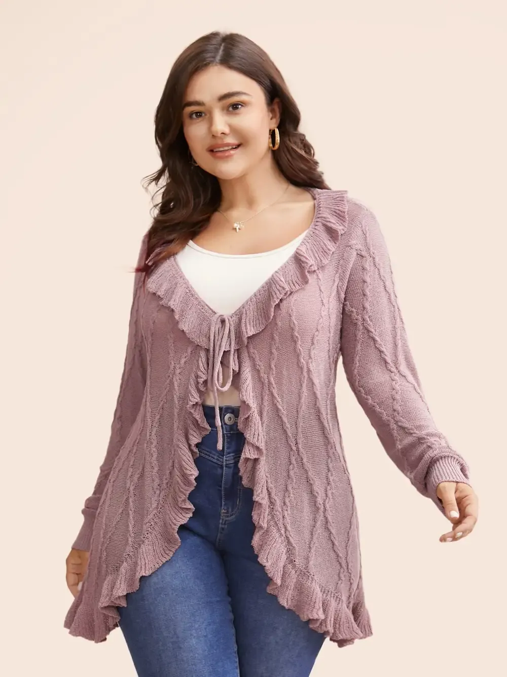 Ruffle Trim Ties Cable Knit Cardigan