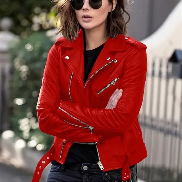 Women's Faux Leather Jacket Comfortable Full Zip Fashion Street Style Plain Outdoor Casual Daily Regular Turndown Regular Fit Long Sleeve Outerwear Silver Black Pink Spring Fall