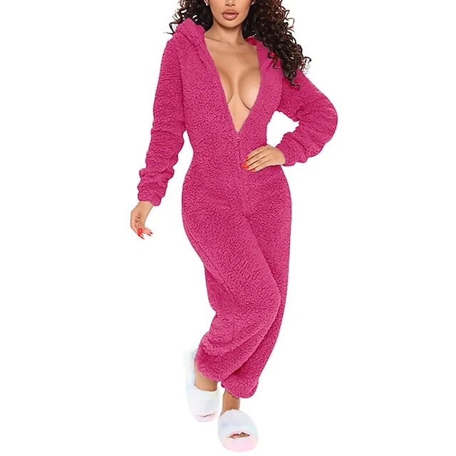 Women's Flannel Adult Onesies Onesie Pajamass Pajama for Adult Jumpsuits Nighty Pure Color Simple Comfort Party Home Christmas  Warm Gift Hoodie Long Sleeve Fall Winter Black