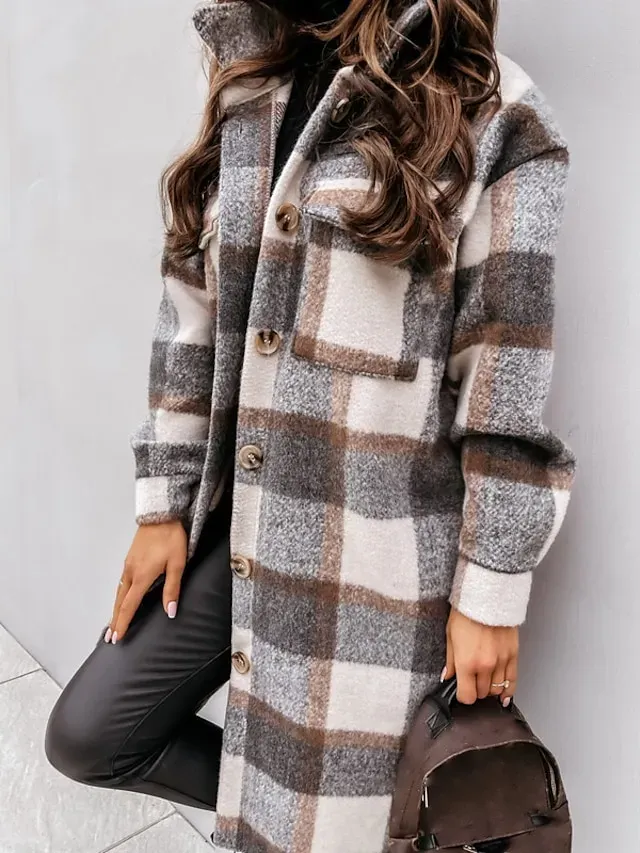 Women's Wool Blend Coat Winter Plaid Shacket Jacket Fall Long Pea Coat with Pockets Single Breasted Over Coat Trench Coat Gray Khaki Brown Modern Street S M L XL XXL / Winter