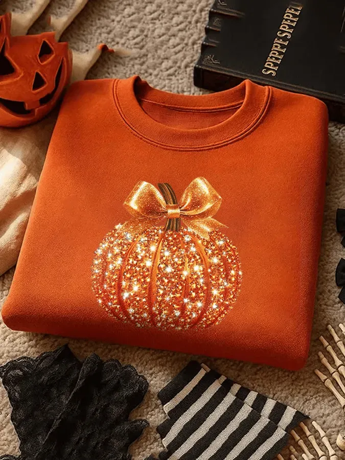 Women's Sequin Pumpkin Print Crew Neck Sweatshirt