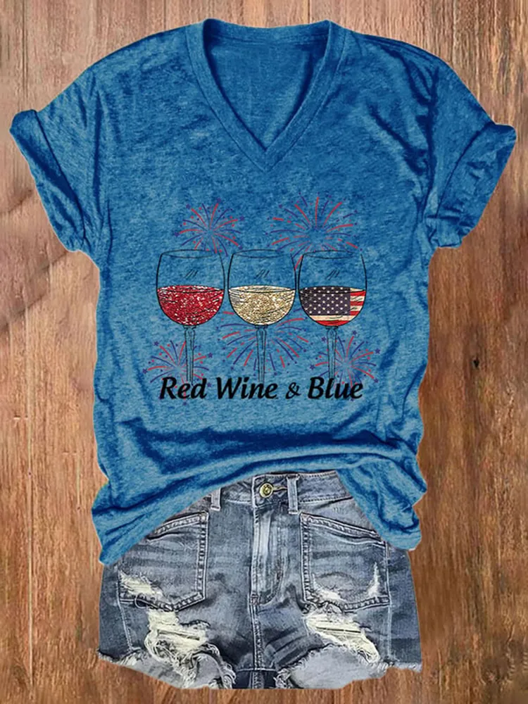 Women'S Red Wine And Blue V-Neck Short-Sleeved T-Shirt