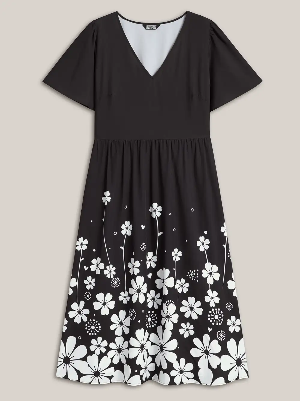 V-Neck Floral Print Flared Sleeve Dress