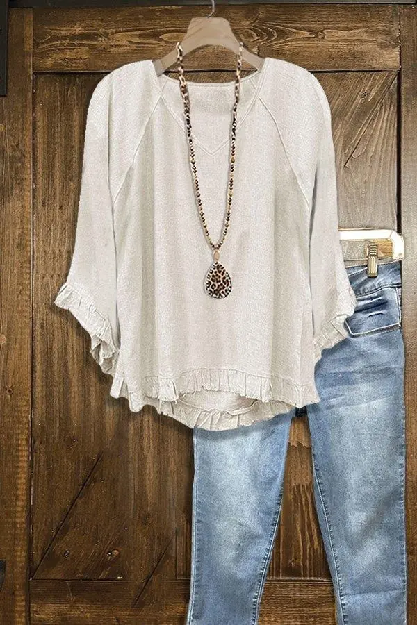 Solid Ruffled Long Sleeve Loose Top
