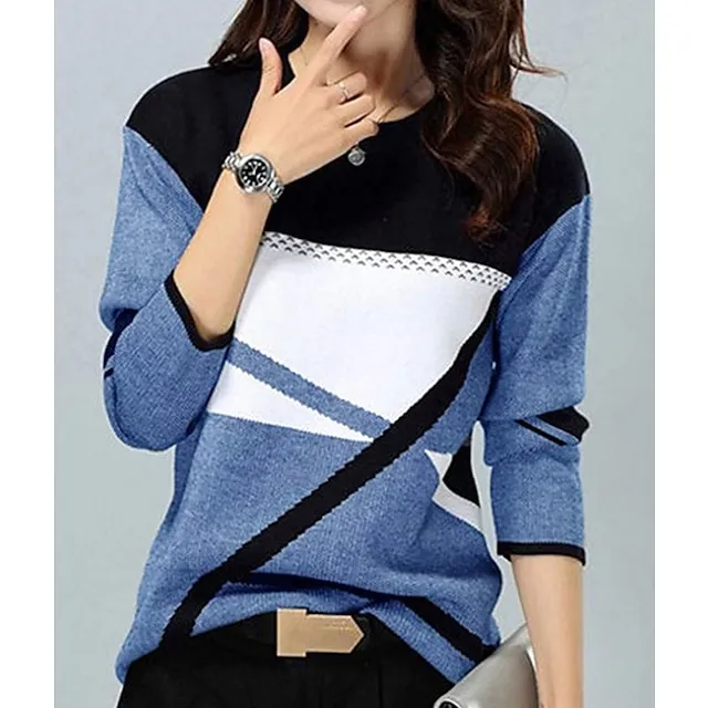 Women's Plus Size T shirt Tee Black Red Blue Color Block Print Long Sleeve Casual Weekend Basic Round Neck Regular Fit Painting Fall & Winter