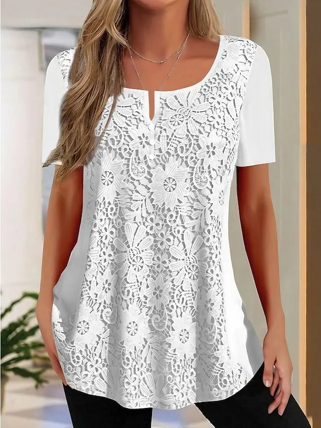 Women's Lace Shirt Shirt Blouse Plain Casual White Lace Short Sleeve Basic V Neck Regular Fit