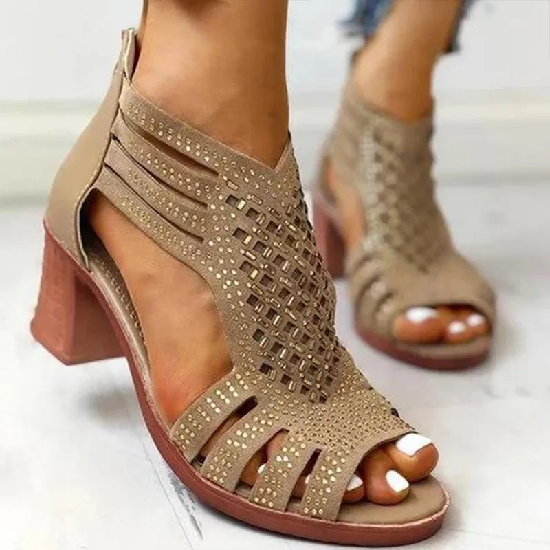Women's fashion rhinestone cutout block heel sandals